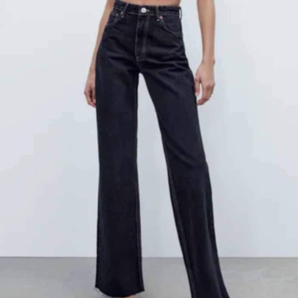 Zara 90's Full Length Wide Leg High Rise Blue Denim - 4